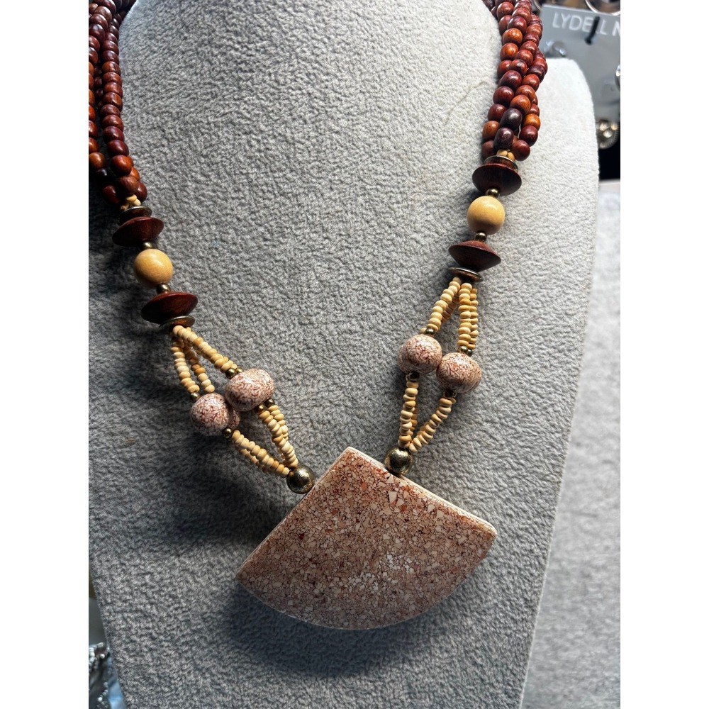 #38. Boho Multi-Strand Wood Bead Statement Necklace Speckled Stone Fan Pendant